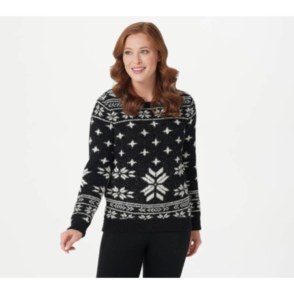 Barefoot Dreams CozyChic Black Seaside Crew-Neck Pullover Fair Isle Size M